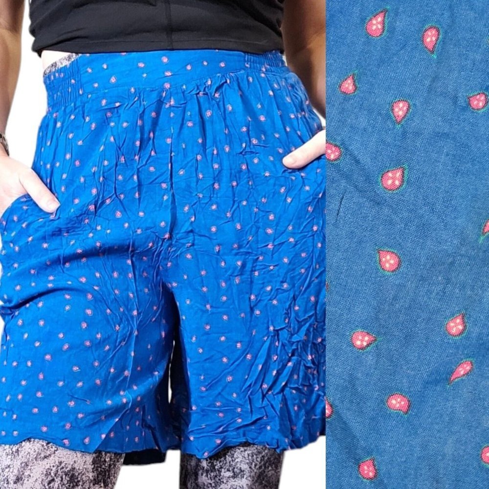 80s S/M Blue Pleated Blue Shorts Pockets Mini Watermelon Novelty Print Pullon